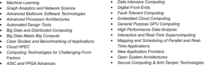 •	Machine Learning •	Graph Analytics and Network Science  •	Advanced Multicore Software Technologies  •	Advanced Processor Architectures  •	Automated Design Tools  •	Big Data and Distributed Computing  •	Big Data Meets Big Compute •	Case Studies and Benchmarking of Applications  •	Cloud HPEC  •	Computing Technologies for Challenging Form Factors  •	ASIC and FPGA Advances  •	Data Intensive Computing •	Digital Front Ends •	Fault-Tolerant Computing •	Embedded Cloud Computing  •	General Purpose GPU Computing  •	High Performance Data Analysis  •	Interactive and Real-Time Supercomputing •	Mapping and Scheduling of Parallel and Real-Time Applications  •	New Application Frontiers  •	Open System Architectures  •	Secure Computing & Anti-Tamper Technologies